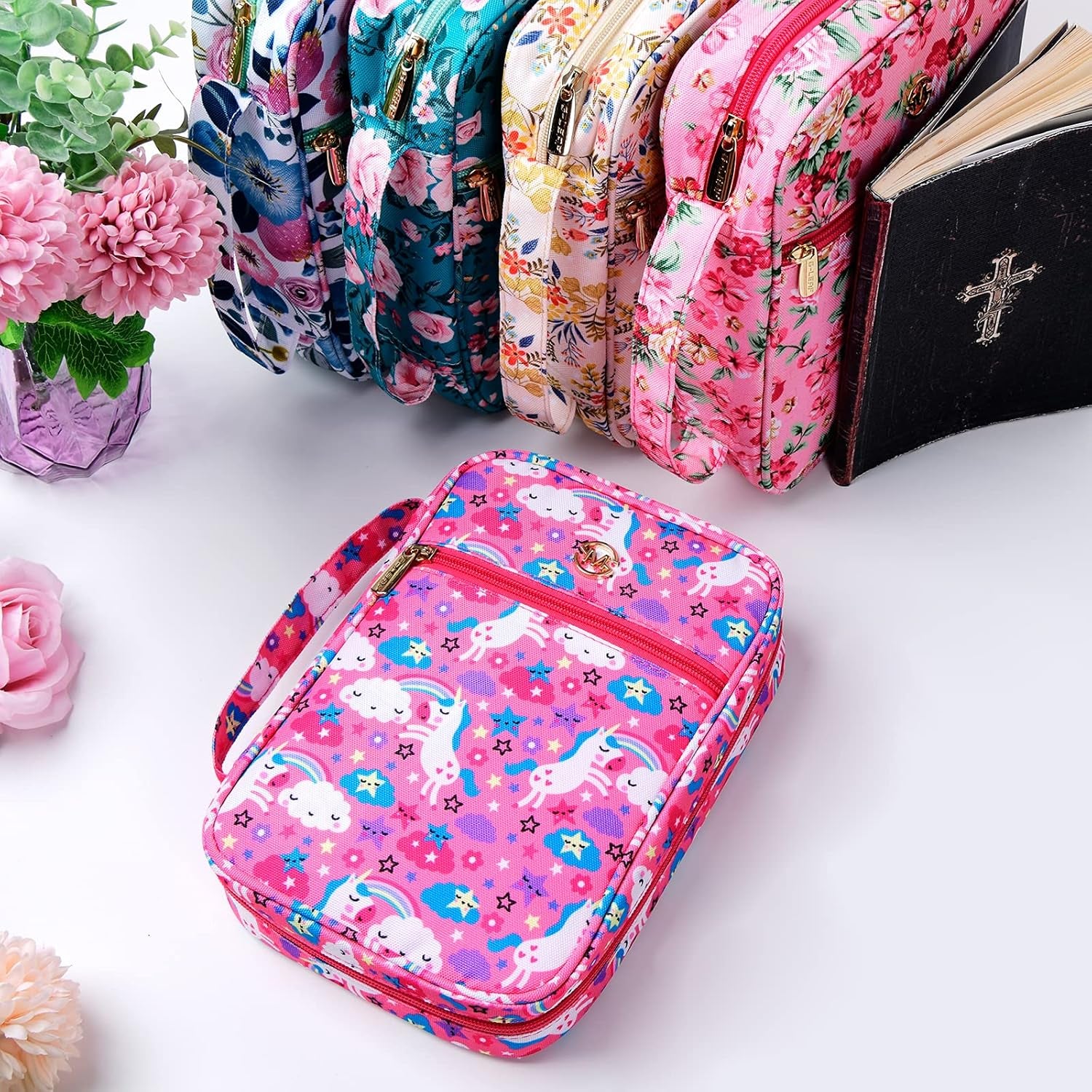 Bible Cover Case/Book Cover Floral Pattern with Handle Fits for Standard Size Bible, 9 X 6.3 X 2.4 In, Pink