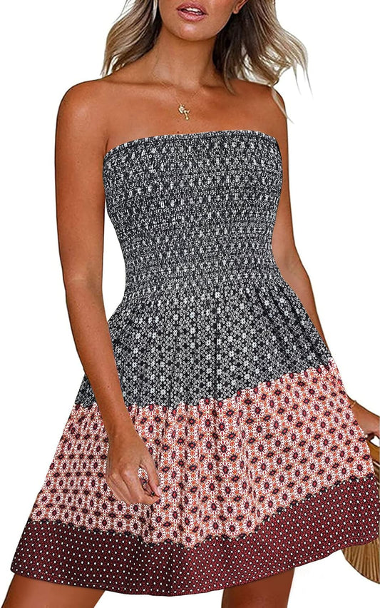 Womens Summer Sundress Cover Ups Casual Strapless Boho Flower Printed Sleeveless Tube Dress (Red11,M)