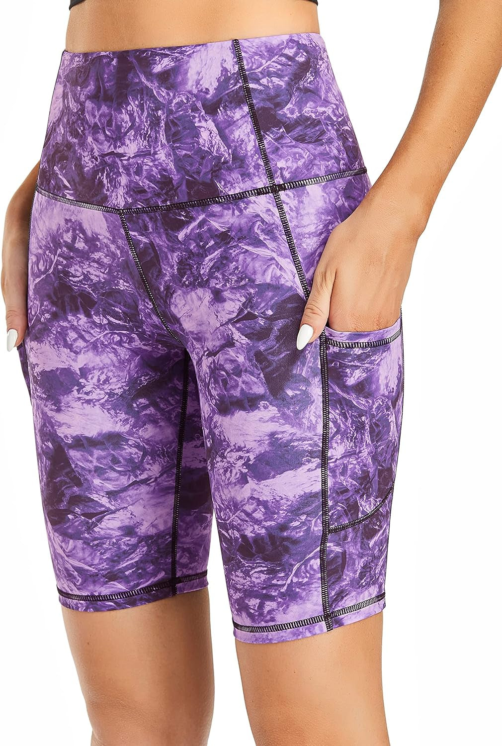 Women'S Short Yoga Side Pockets High Waist Workout Running Shorts Marble Dye Purple S