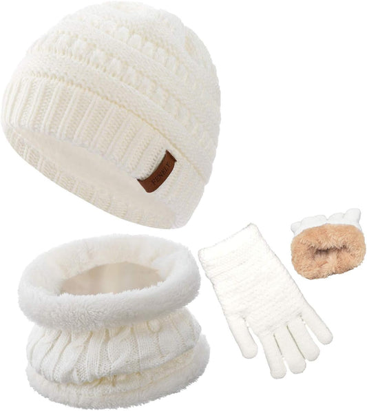 3Pcs Kids Winter Beanie Hat Scarf Gloves Set for 2-6-10-14 Years Old Boys Girls, Knit Thick Warm Fleece Lined Thermal Sets