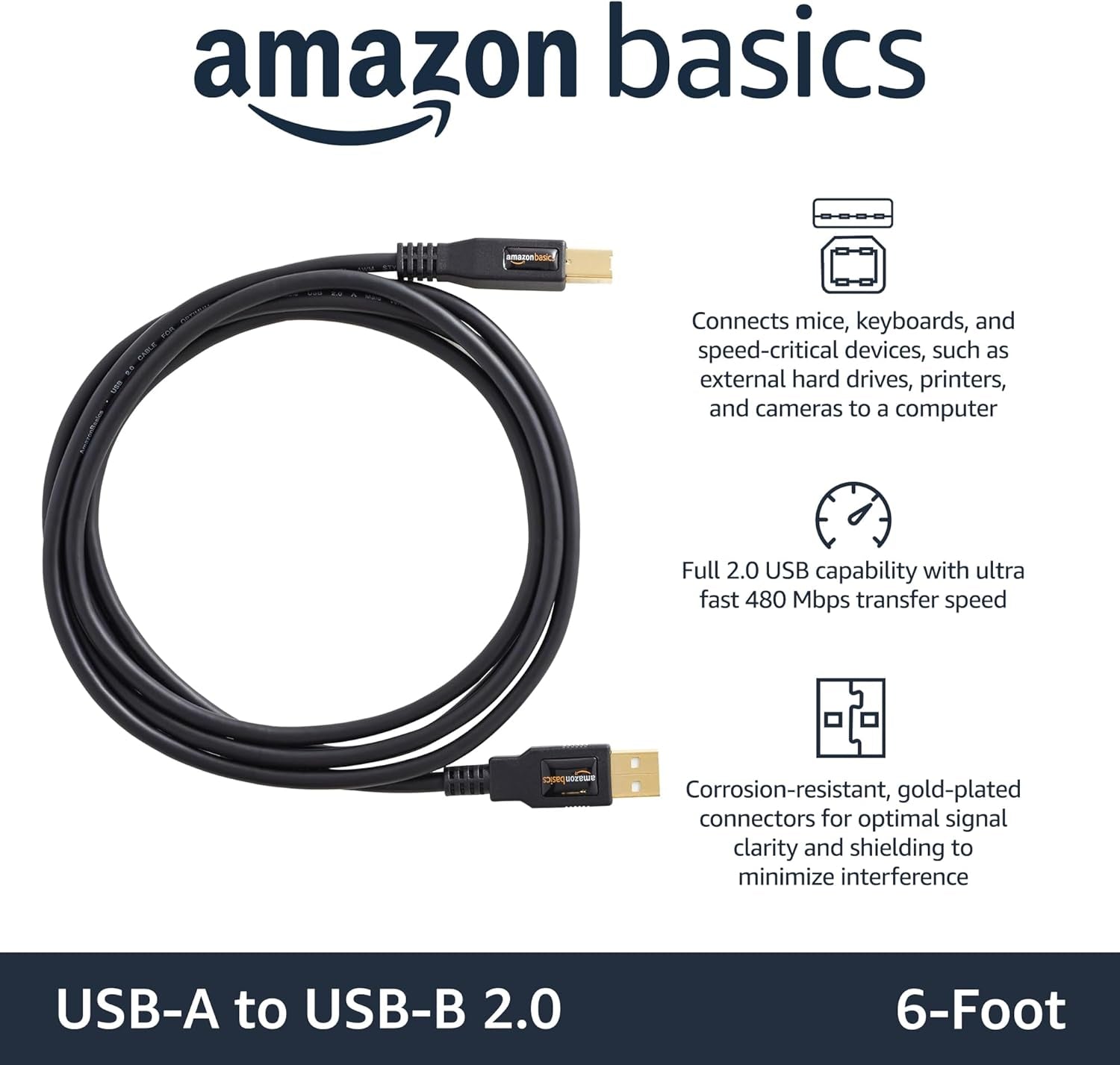 USB-A to USB-B 2.0 Cable for Printer or External Hard Drive, Computer Compatible, Gold-Plated Connectors, Black, 6 Foot