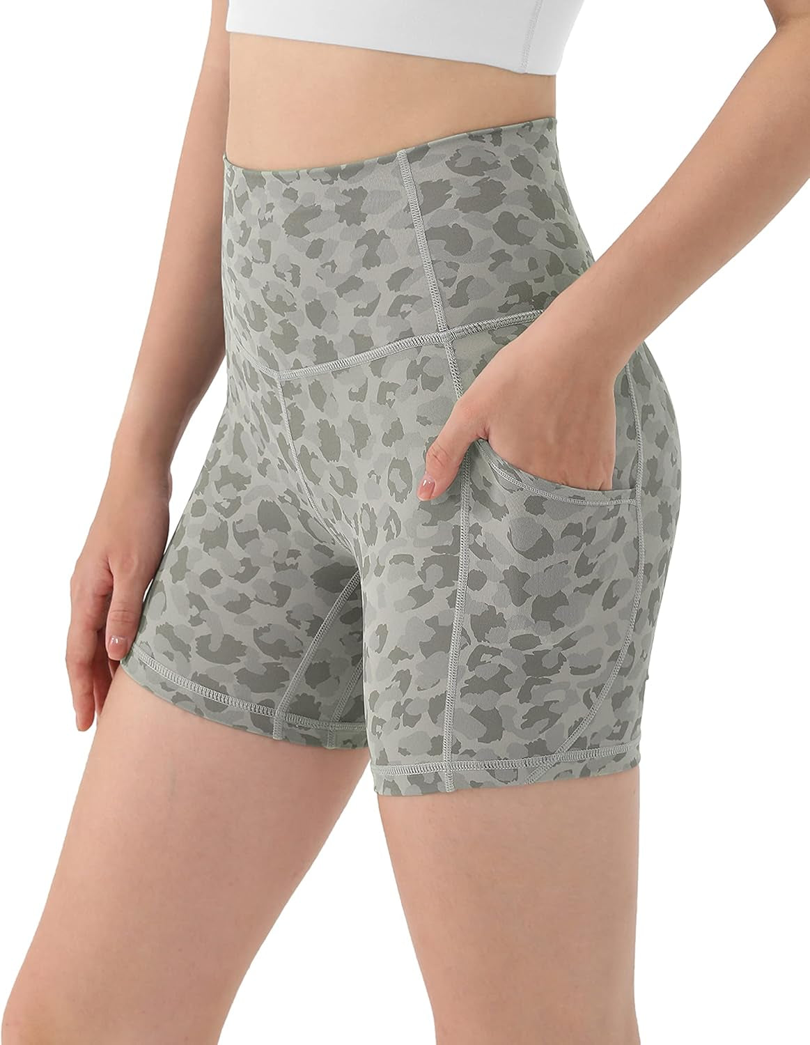 Women'S 5" High Waisted Pattern Biker Shorts with Pocket, Tummy Control Non See through Workout Exercise Printed Running Yoga Shorts, Grey Leopard, X-Large