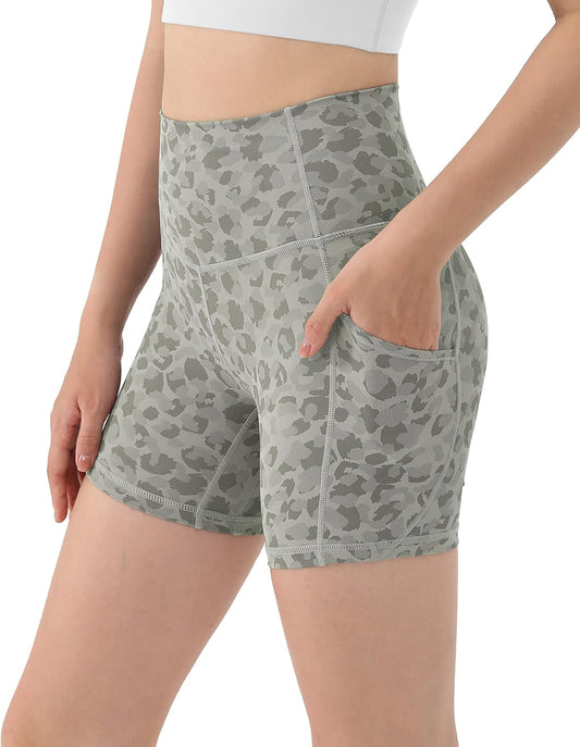 Women'S 5" High Waisted Pattern Biker Shorts with Pocket, Tummy Control Non See through Workout Exercise Printed Running Yoga Shorts, Grey Leopard, X-Large