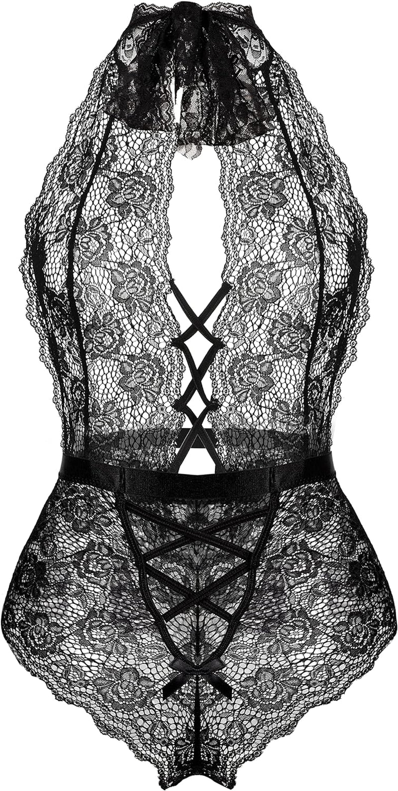 Women Lace Bodysuit Deep V Neck Dobby Mesh Body Suits Teddy Lingerie Black,M