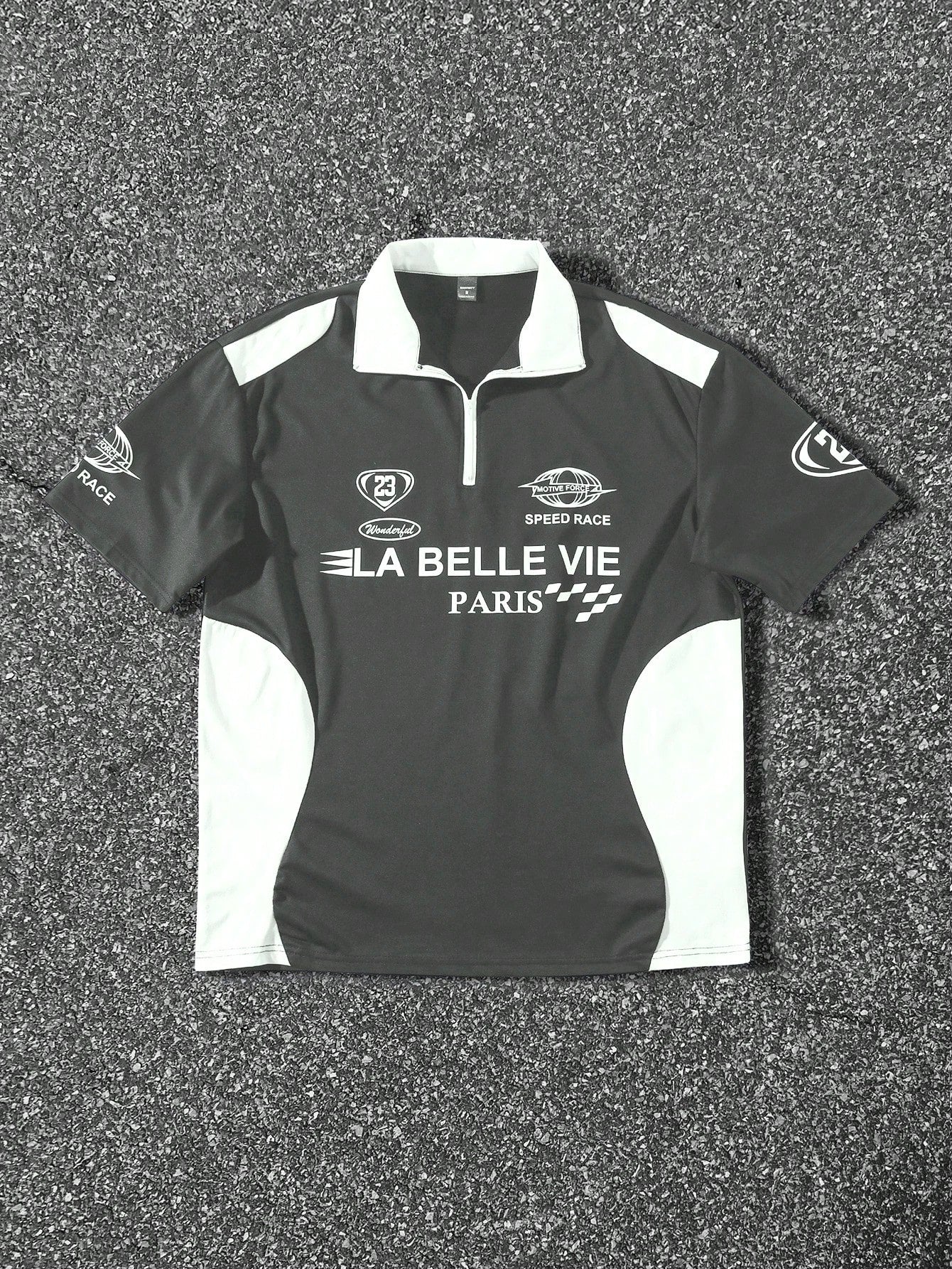 Manfinity EMRG Men'S Solid Color Patchwork Zip Front Long Sleeve Letter Print Polo Shirt