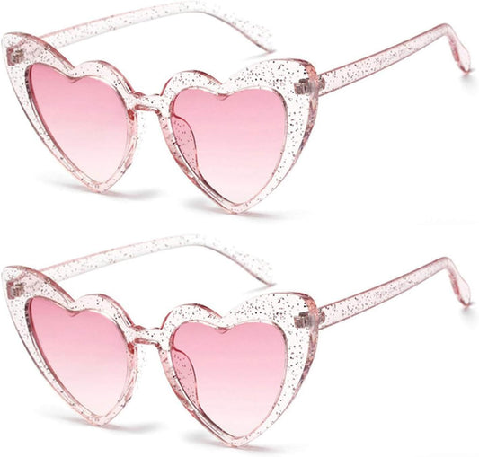 2 Pack Clout Heart Shaped Sunglasses Goggles Vintage Cat Eye Mod Style Retro Kurt Cobain Glasses (Glitter*2)