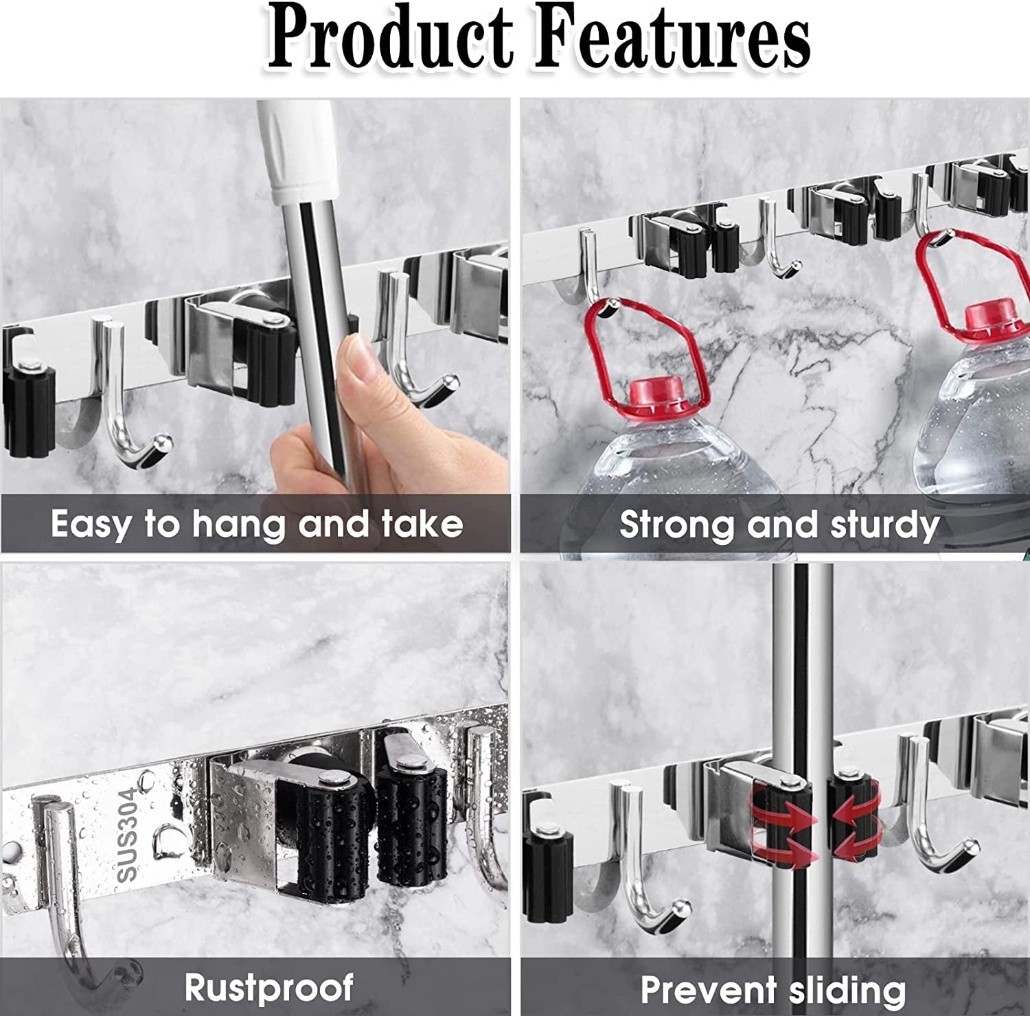 Broom and Mop Holder - Wall Mounted 5 Holders + 4 Hooks with Nails Installation, Stainless Steel, Self Adhesive, Heavy Duty Gripper