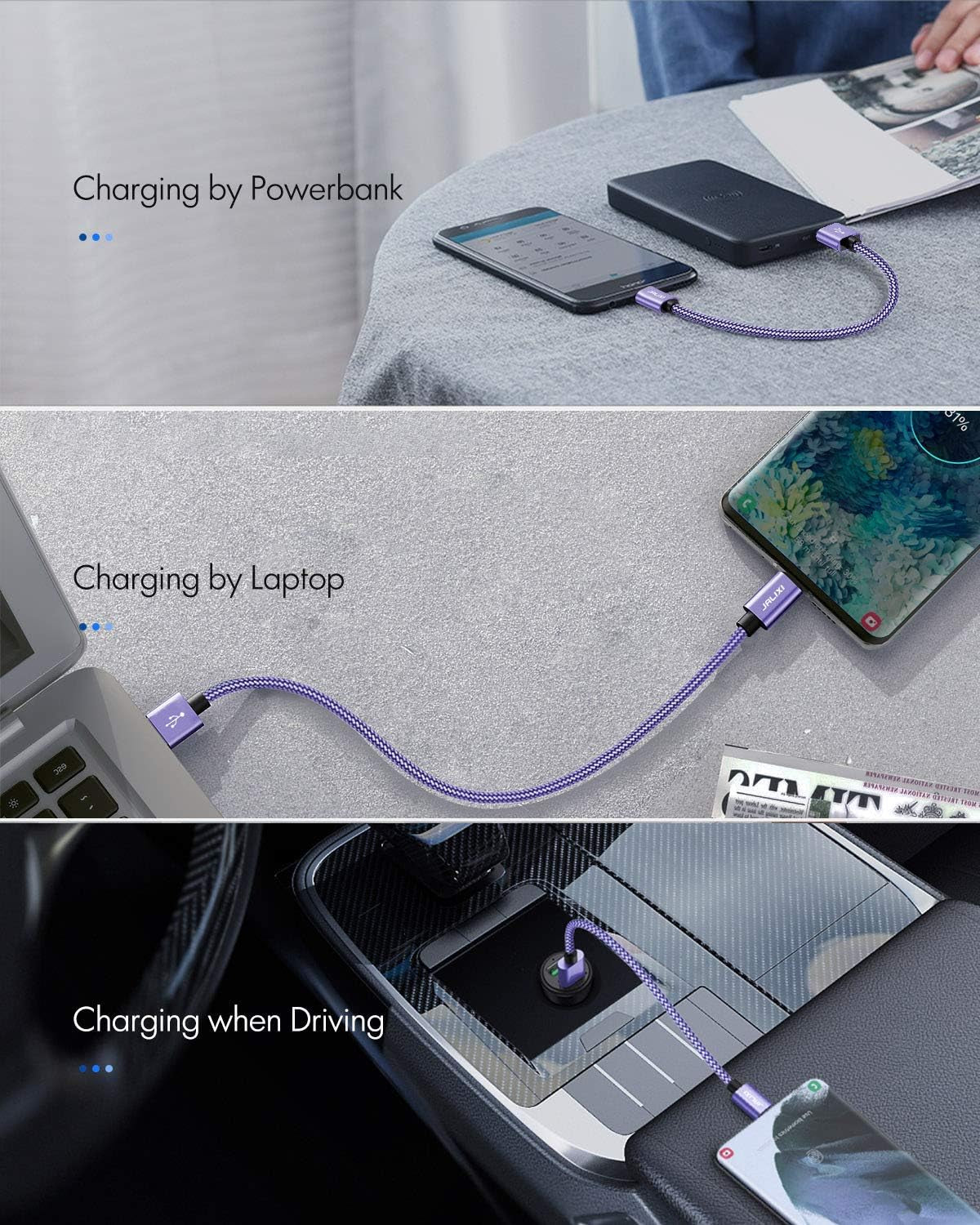 Short USB C Cable 1Ft, 1 Foot USB a to USB Type C Cable Fast Charging for Iphone 15 Pro Max, Samsung Galaxy S24 S23 S21 S20 Ultra S10, A55 A35 A25 A15, Pixel, Moto, Powerbank, Purple