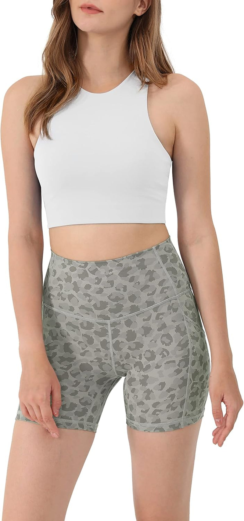 Women'S 5" High Waisted Pattern Biker Shorts with Pocket, Tummy Control Non See through Workout Exercise Printed Running Yoga Shorts, Grey Leopard, X-Large