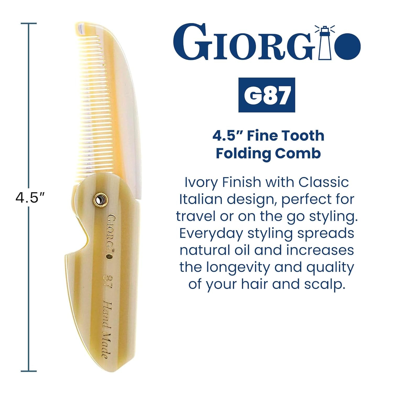 G87 IVY 4.5 Inch Folding Mustache and Beard Comb, Small Pocket Comb for Men Everyday Grooming and Hair Care. Handmade, Saw-Cut and Hand Polished Styling Men'S Folding Combs. 1 Pack, Ivory