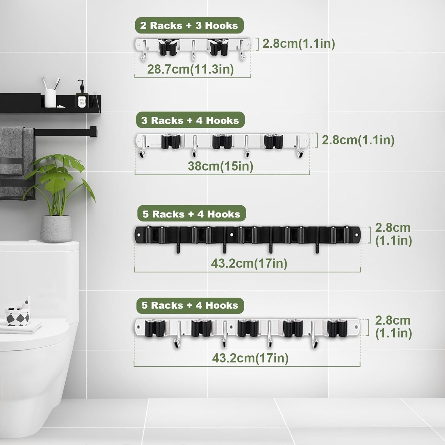 Broom and Mop Holder - Wall Mounted 5 Holders + 4 Hooks with Nails Installation, Stainless Steel, Self Adhesive, Heavy Duty Gripper