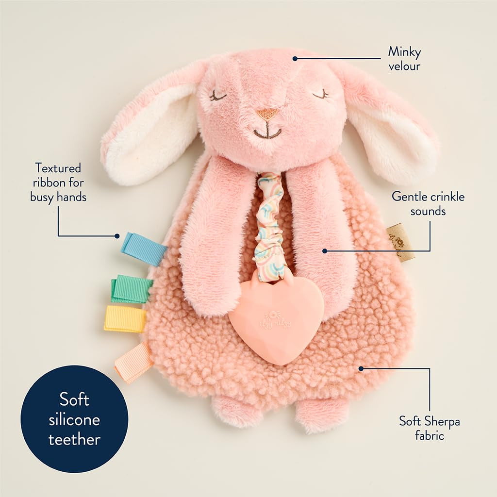 - Itzy Lovey Including Teether - Baby Lovey with Teether, Textured Ribbons & Dangle Arms - Features Crinkle Sound, Sherpa Fabric and Minky Plush (Pink Bunny)