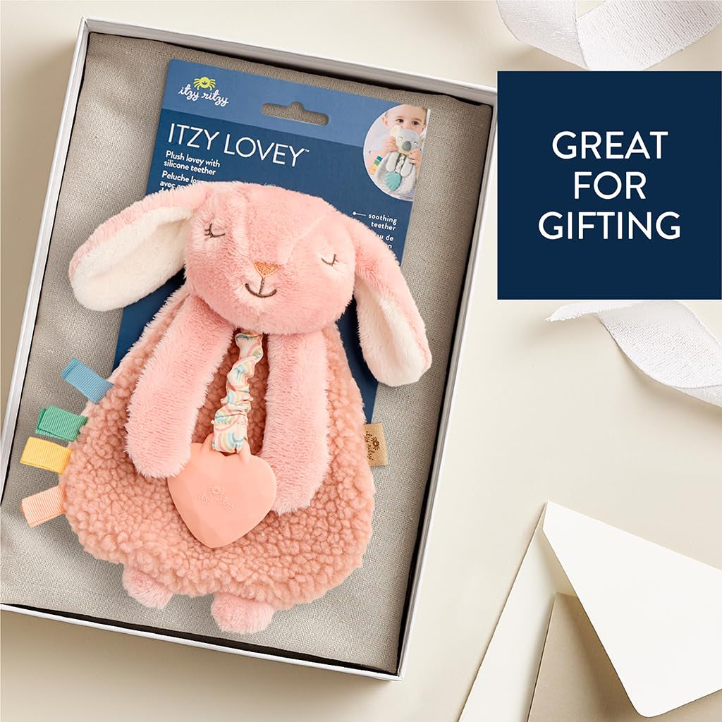 - Itzy Lovey Including Teether - Baby Lovey with Teether, Textured Ribbons & Dangle Arms - Features Crinkle Sound, Sherpa Fabric and Minky Plush (Pink Bunny)