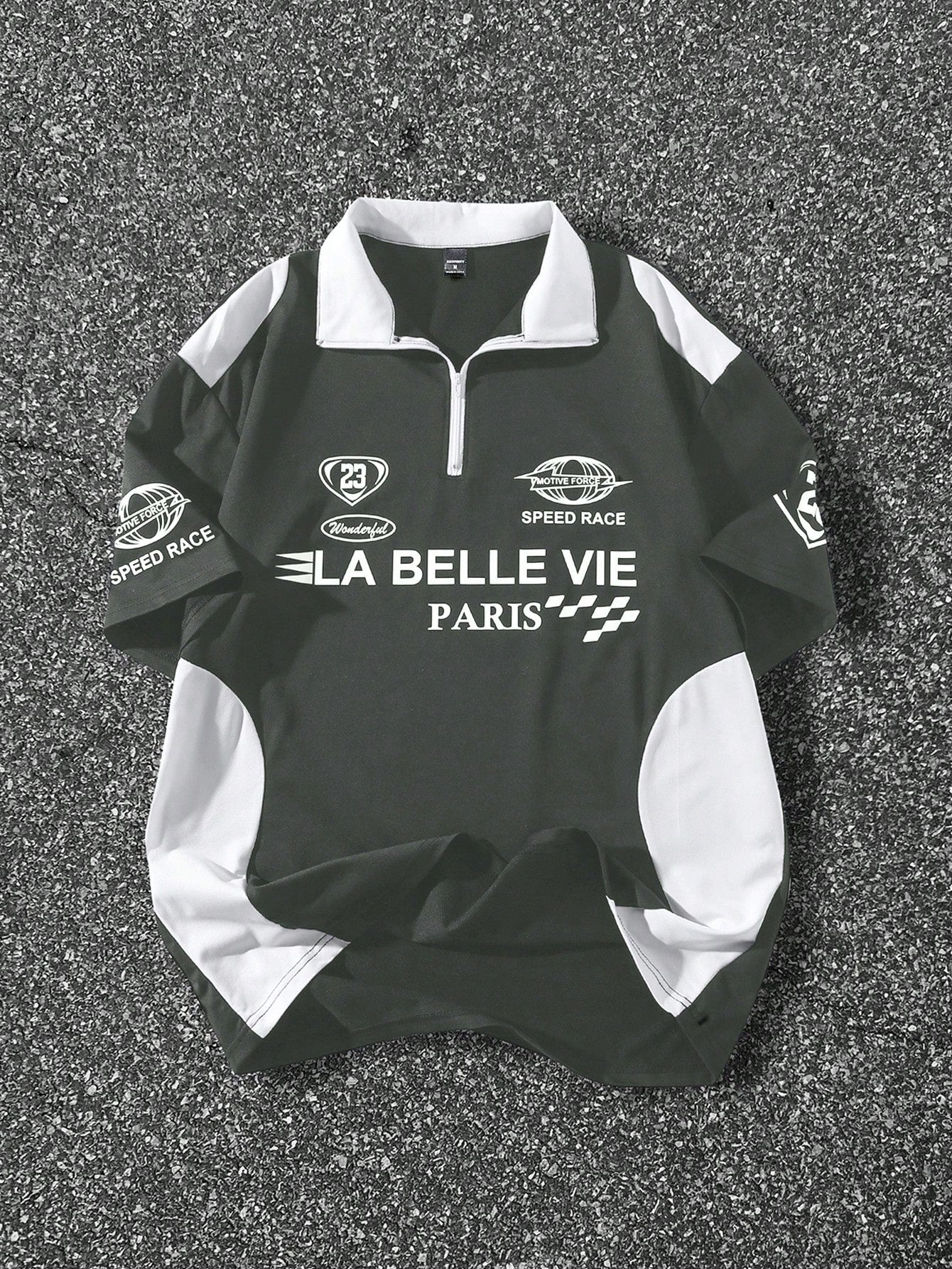 Manfinity EMRG Men'S Solid Color Patchwork Zip Front Long Sleeve Letter Print Polo Shirt