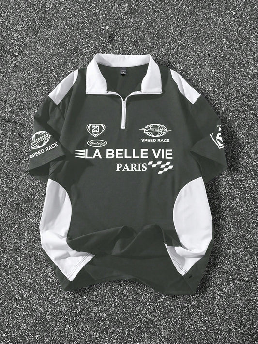 Manfinity EMRG Men'S Solid Color Patchwork Zip Front Long Sleeve Letter Print Polo Shirt