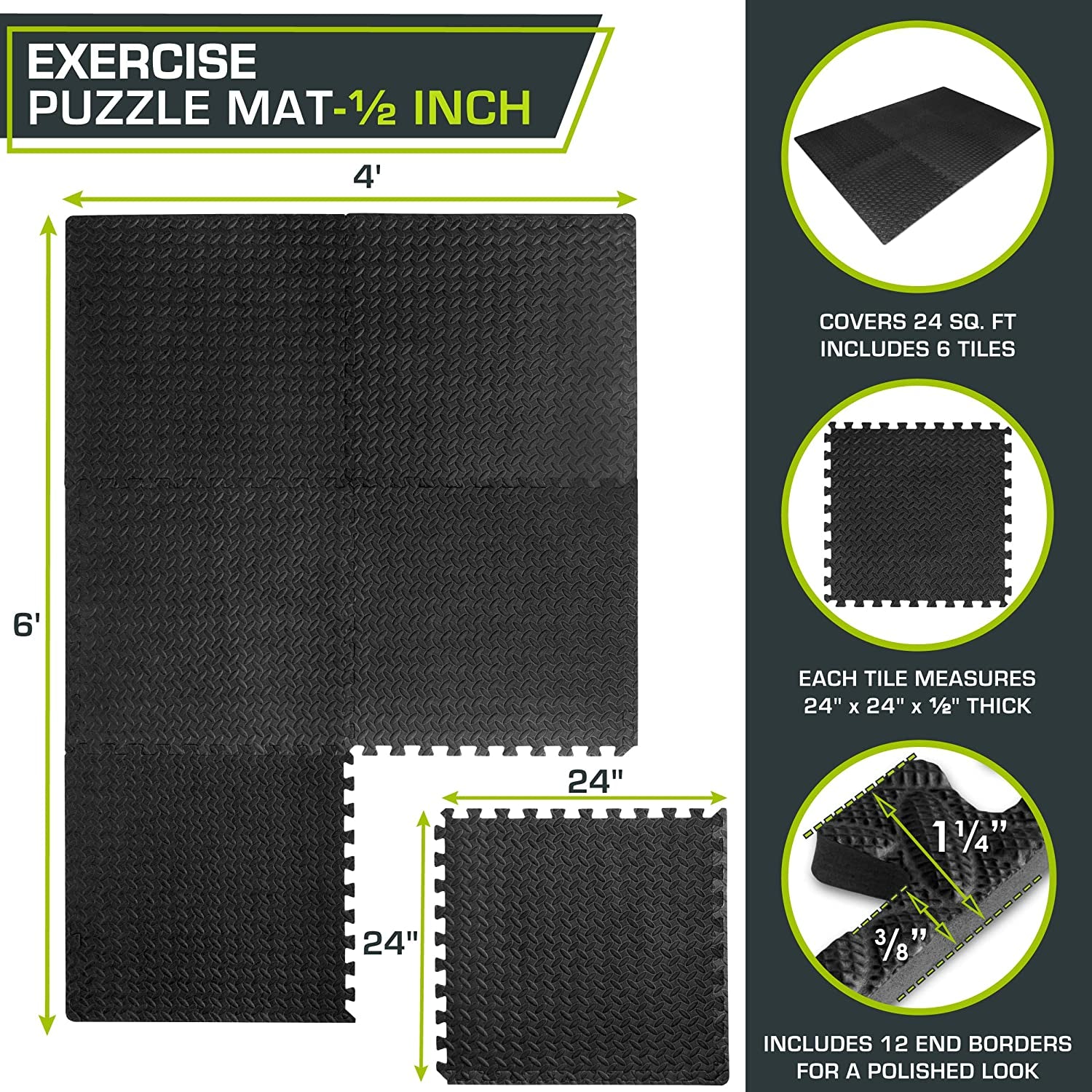 Puzzle Exercise Mat ½ In, EVA Interlocking Foam Floor Tiles for Home Gym, Mat for Home Workout Equipment, Floor Padding for Kids, Grey, 24 in X 24 in X ½ In, 144 Sq Ft - 36 Tiles
