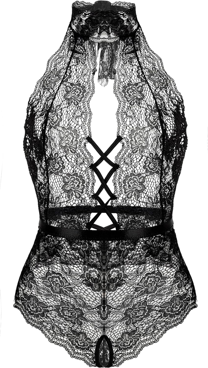 Women Lace Bodysuit Deep V Neck Dobby Mesh Body Suits Teddy Lingerie Black,M
