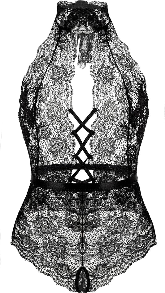 Women Lace Bodysuit Deep V Neck Dobby Mesh Body Suits Teddy Lingerie Black,M