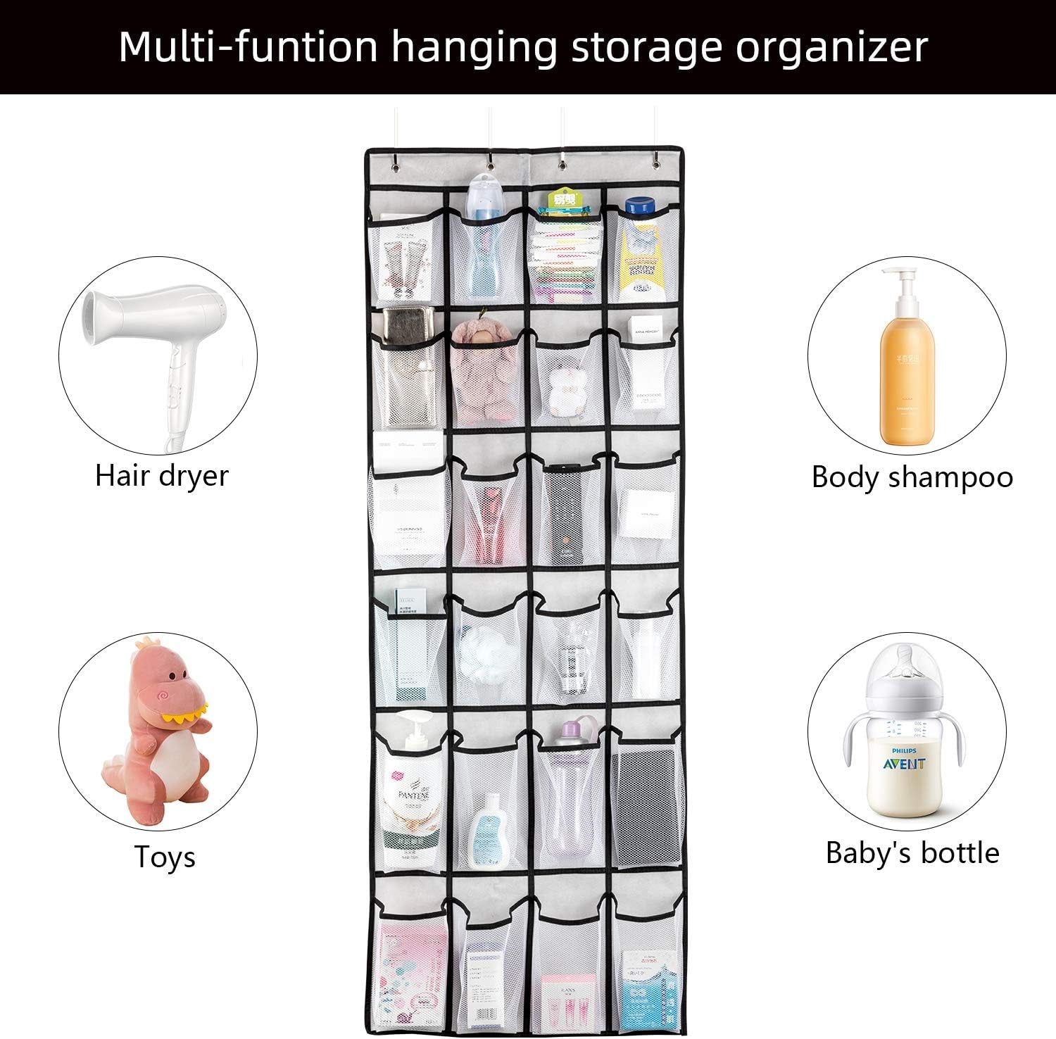 over the Door Shoe Organizer, Hanging Shoe Organizer with 24 Mesh Large Pockets Door Shoe Rack Organizer for Men Women Kids Hanging Shoe Storage Bag.(White)