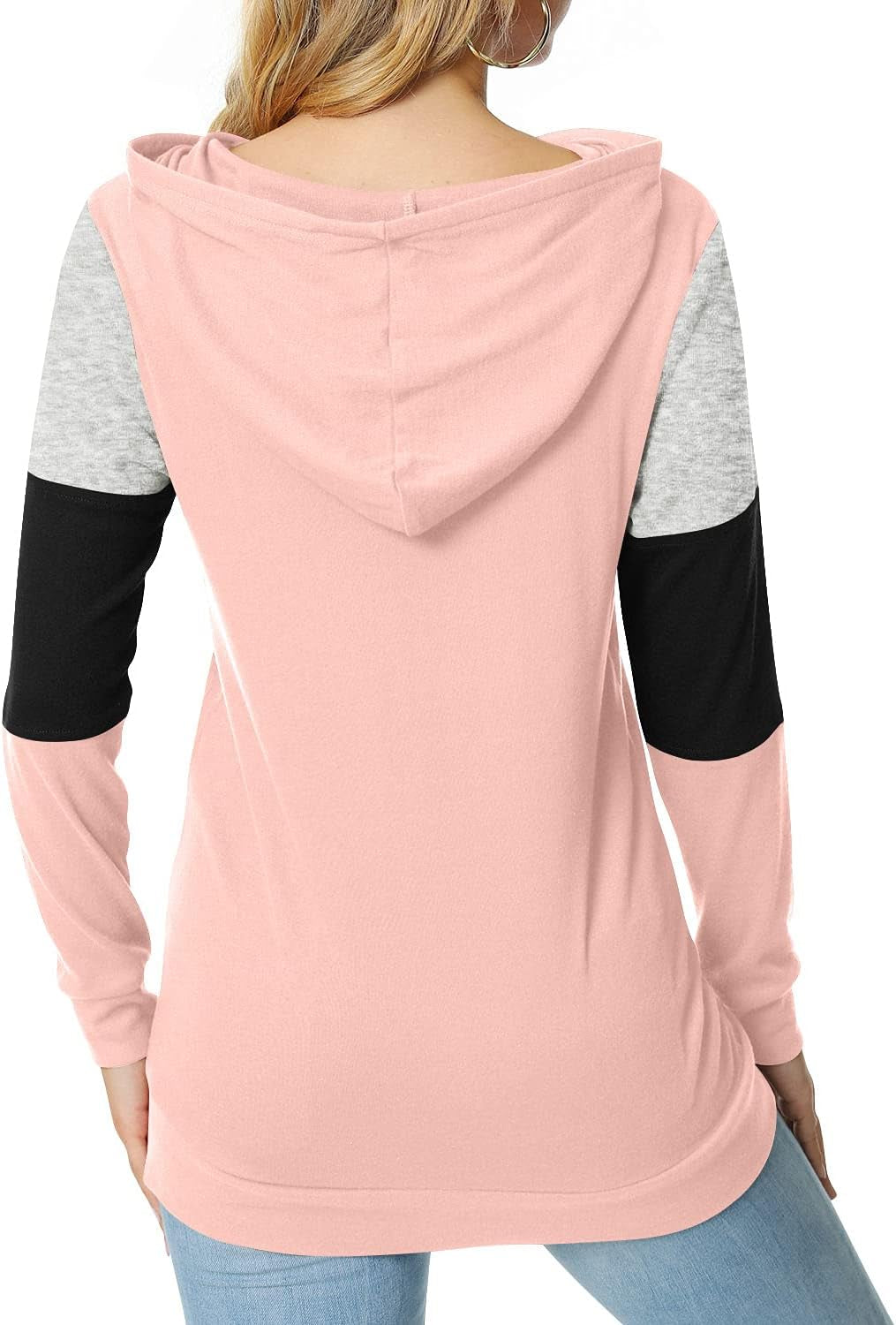 Women'S Casual Drawstring Pullover Tunic Top Long Sleeve Color Block Hoodie Sweatshirts with Pocket