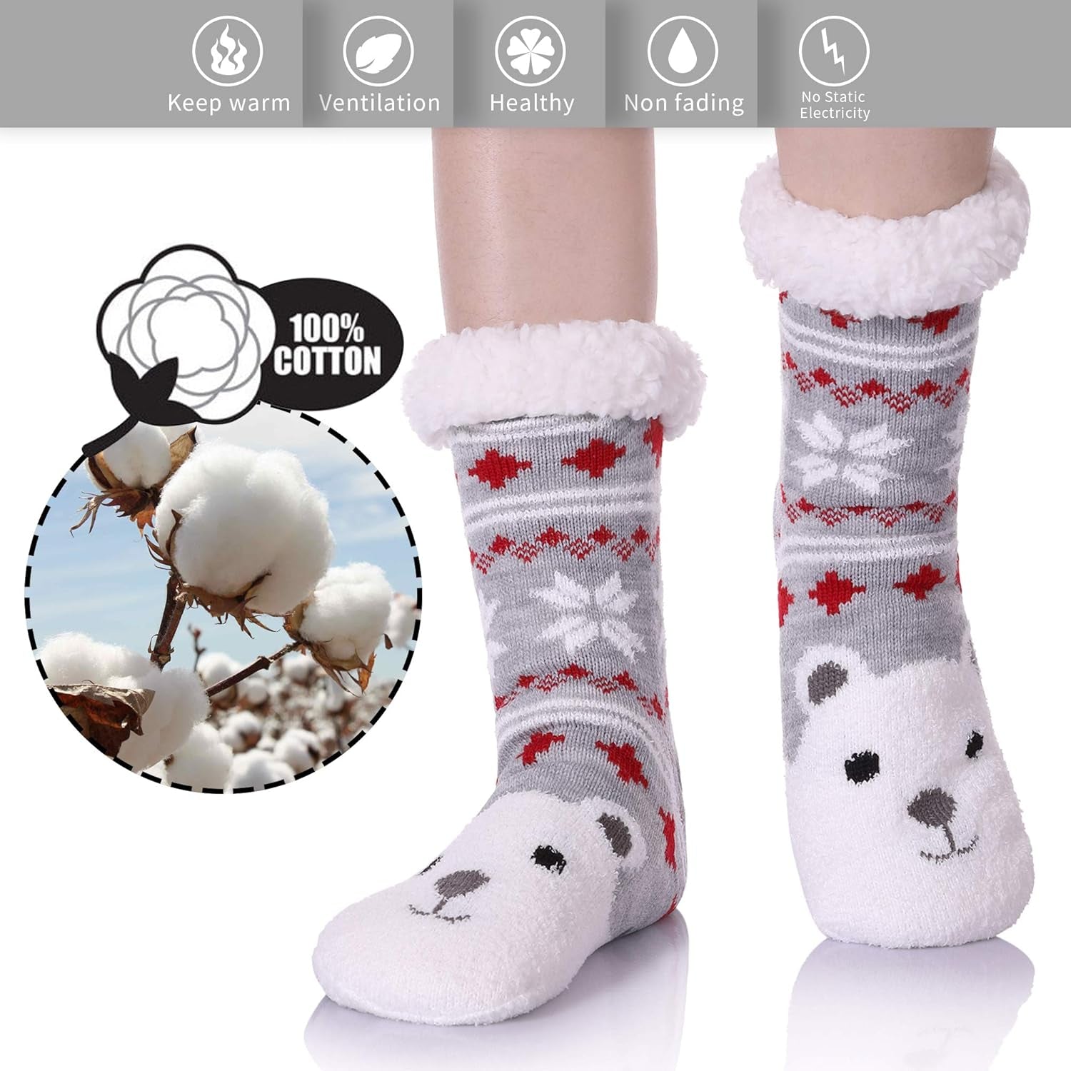 Non Slip Slipper Socks for Womens Fuzzy Soft Cozy Grippers Winter Warm Animal Fleece-Lined Home Socks