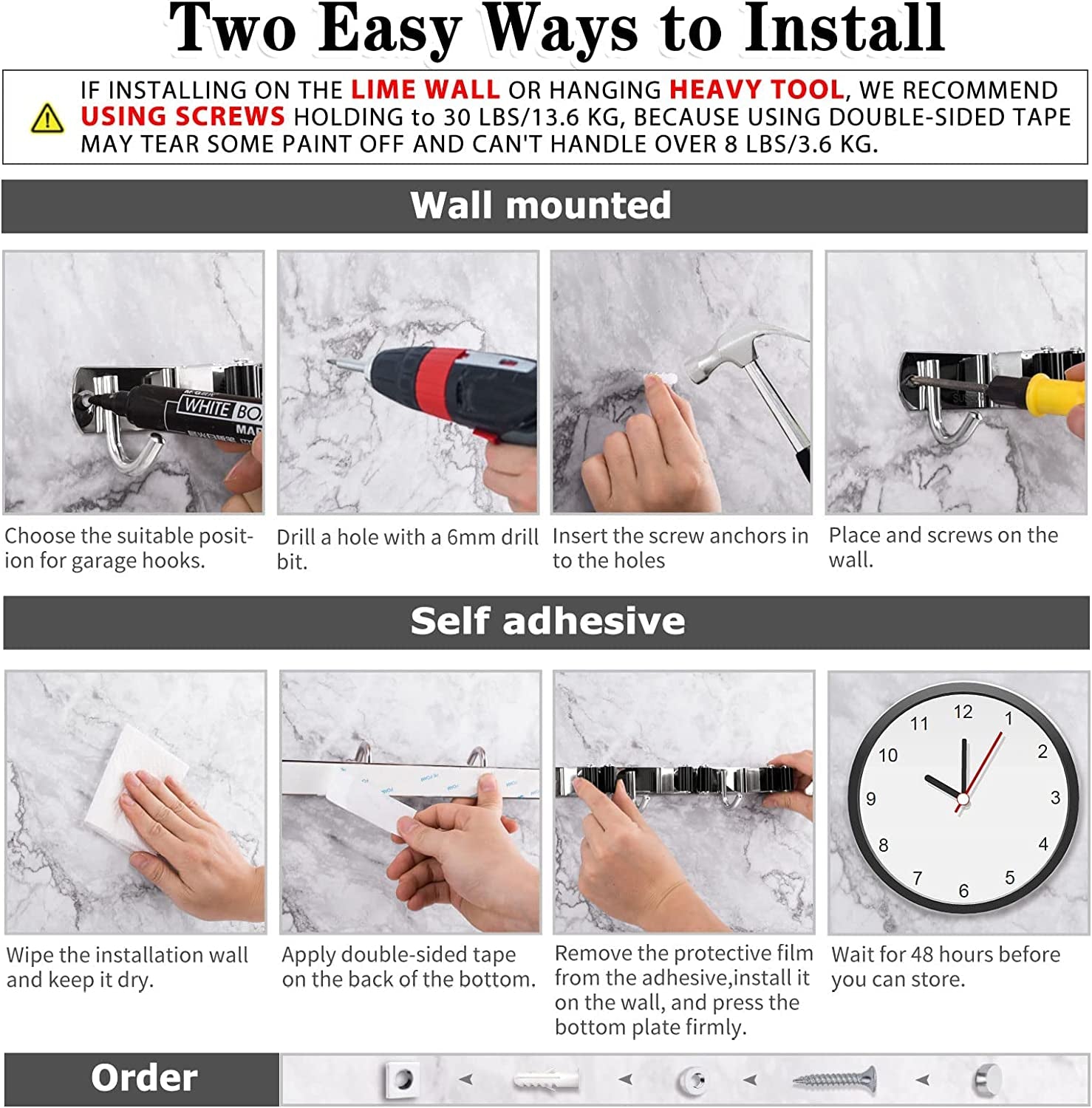 Broom and Mop Holder - Wall Mounted 5 Holders + 4 Hooks with Nails Installation, Stainless Steel, Self Adhesive, Heavy Duty Gripper