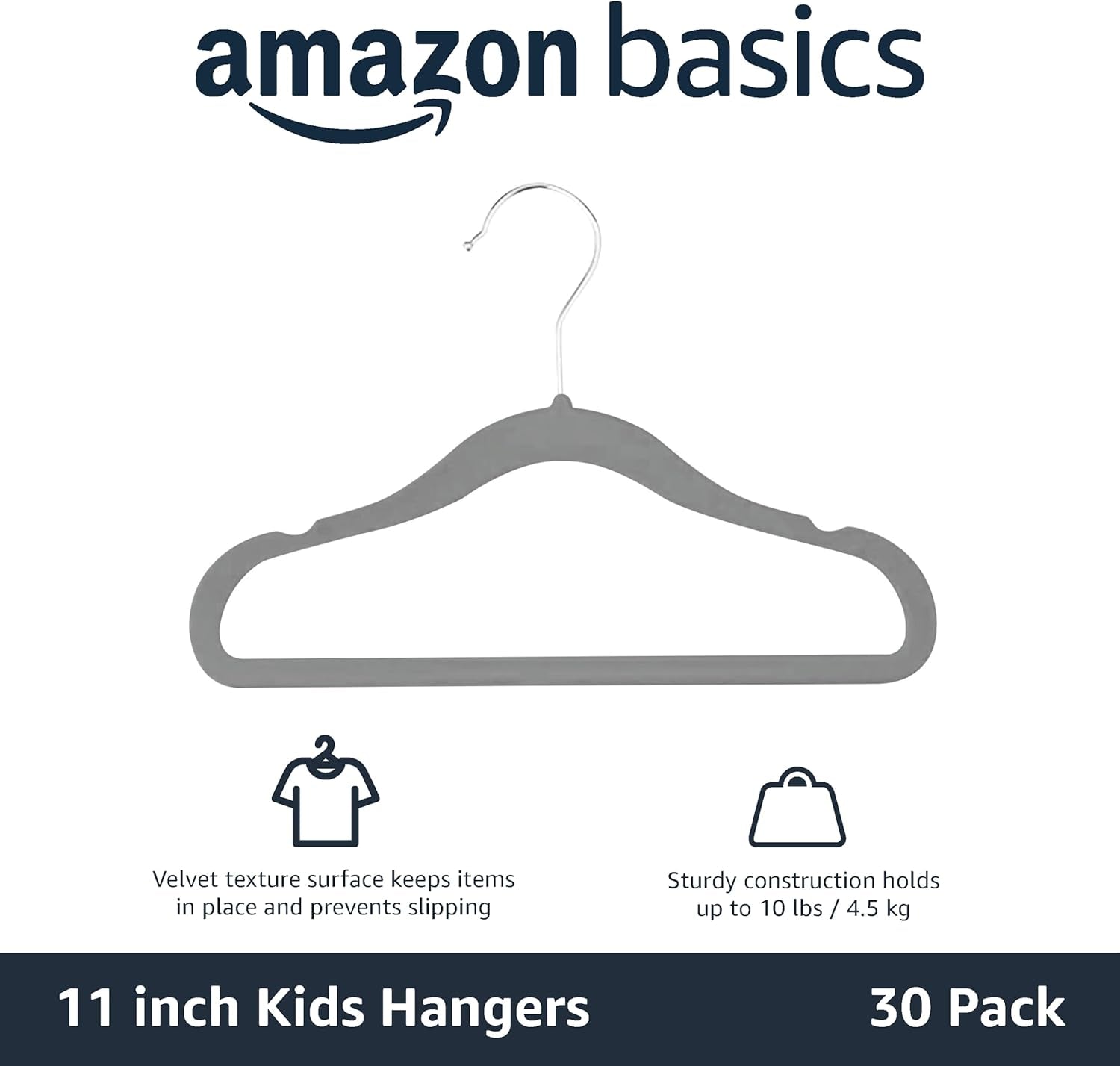 Kids Velvet, Non-Slip Clothes Hangers for Infant and Toddler, 11.6 Inches, Pack of 30, Grey