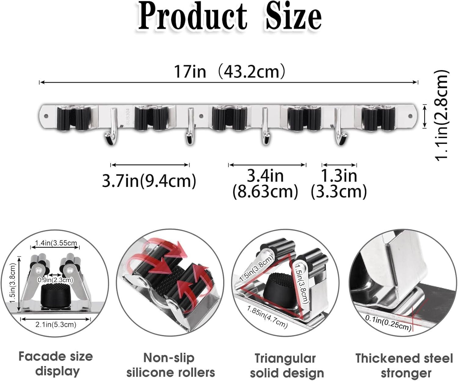 Broom and Mop Holder - Wall Mounted 5 Holders + 4 Hooks with Nails Installation, Stainless Steel, Self Adhesive, Heavy Duty Gripper