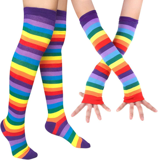 Womens Rainbow Socks Striped Knee High Socks Arm Warmer Fingerless Gloves Set