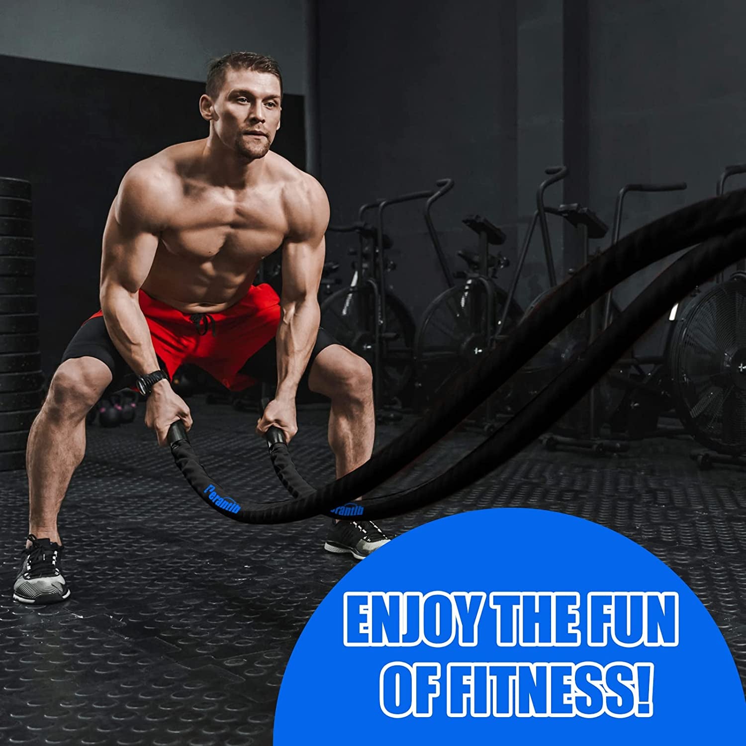 Battle Rope with Wear-Resistant Nylon Protective Sleeve - Heavy Battle Rope for Strength Training, Home Fitness Exercise - Anchor Strap Kit Included