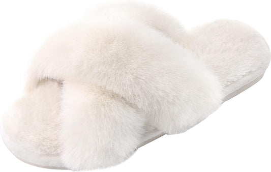 Women'S Fuzzy Slippers Comfy Cross Band House Shoes Memory Foam Open Toe Indoor Gifts for Ladies