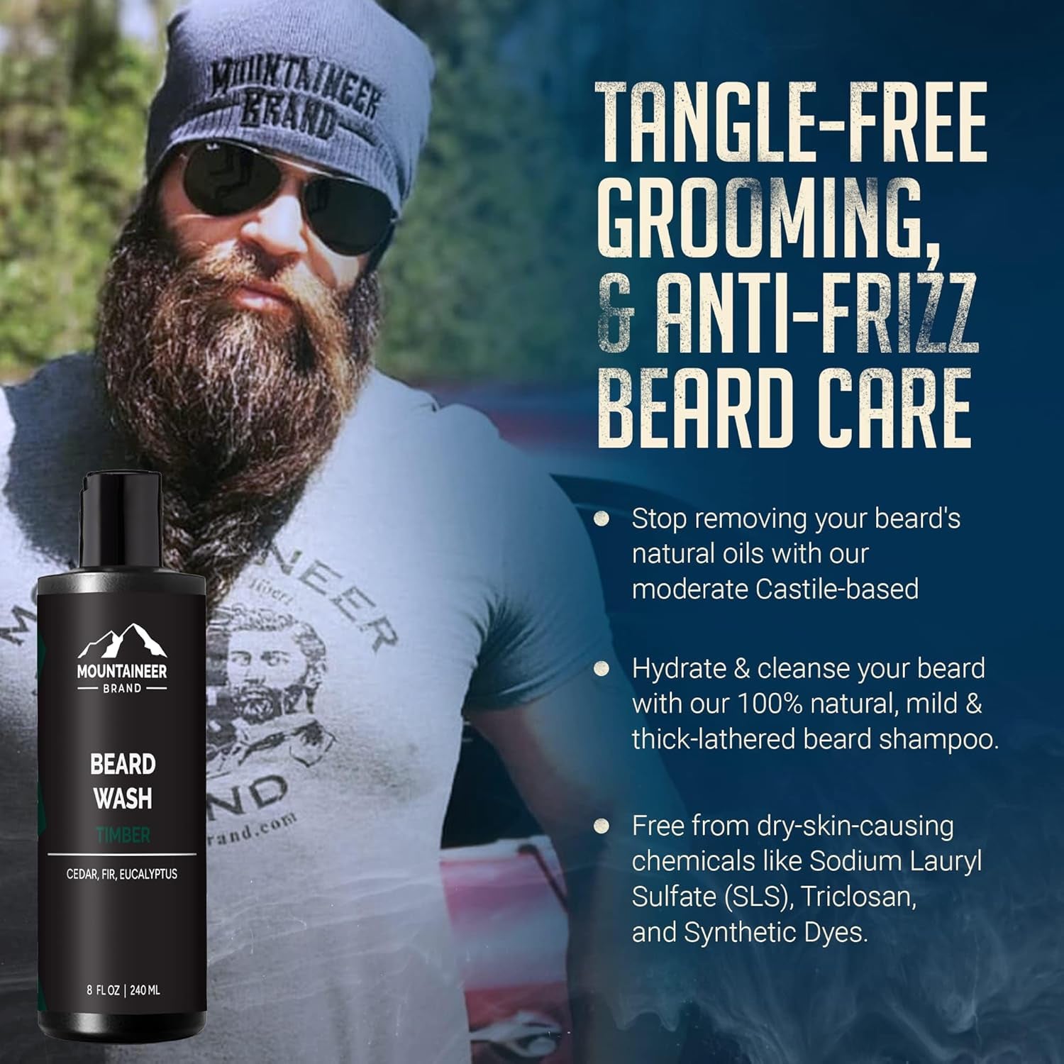 Beard Wash for Men | 100% Natural Beard Shampoo | Thick Cleaning Softening Lather for Hair and Skin | Hydrate and Detangle | Grooming Treatment | WV Timber Scent 8Oz