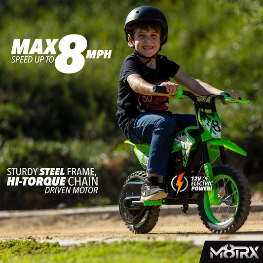 12V Mini Electric Child Dirt Bike, Battery Powered Toy Motorcycle, Kids Ride On, Ages 5 Years and Up, Green